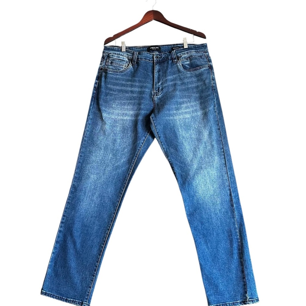 Kenneth Cole Men's Blue Straight Jeans Distressed Denim Jeans SZ 36X32